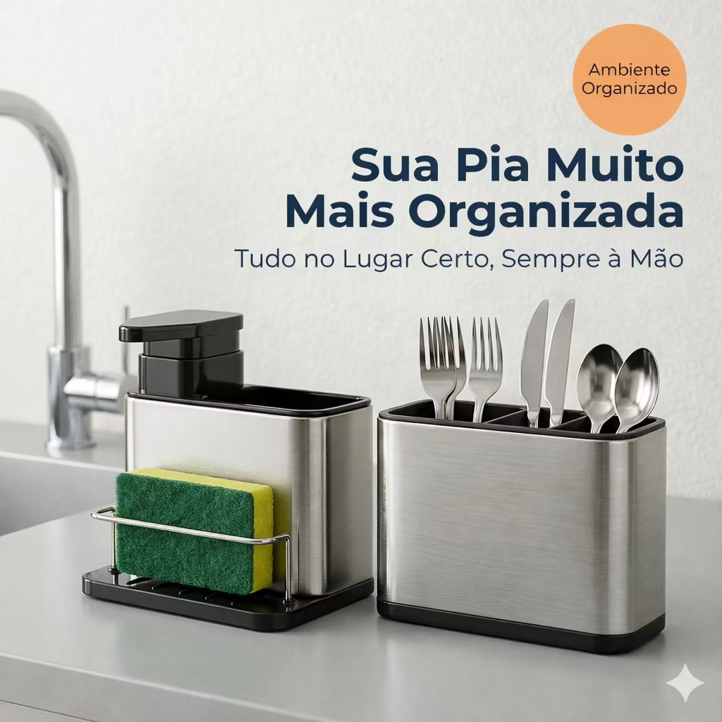 Organizador de Pia Cozinha em Aço Inox  Multifuncional Porta Esponja + Porta Talheres/Kit Unitario em Aco Inoxidavel