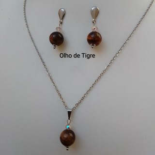 Conjunto Feminino Olho de Tigre Natural Aço Inox Antialérgico Colar 45cm + Brincos Delicados Pedra Natural.