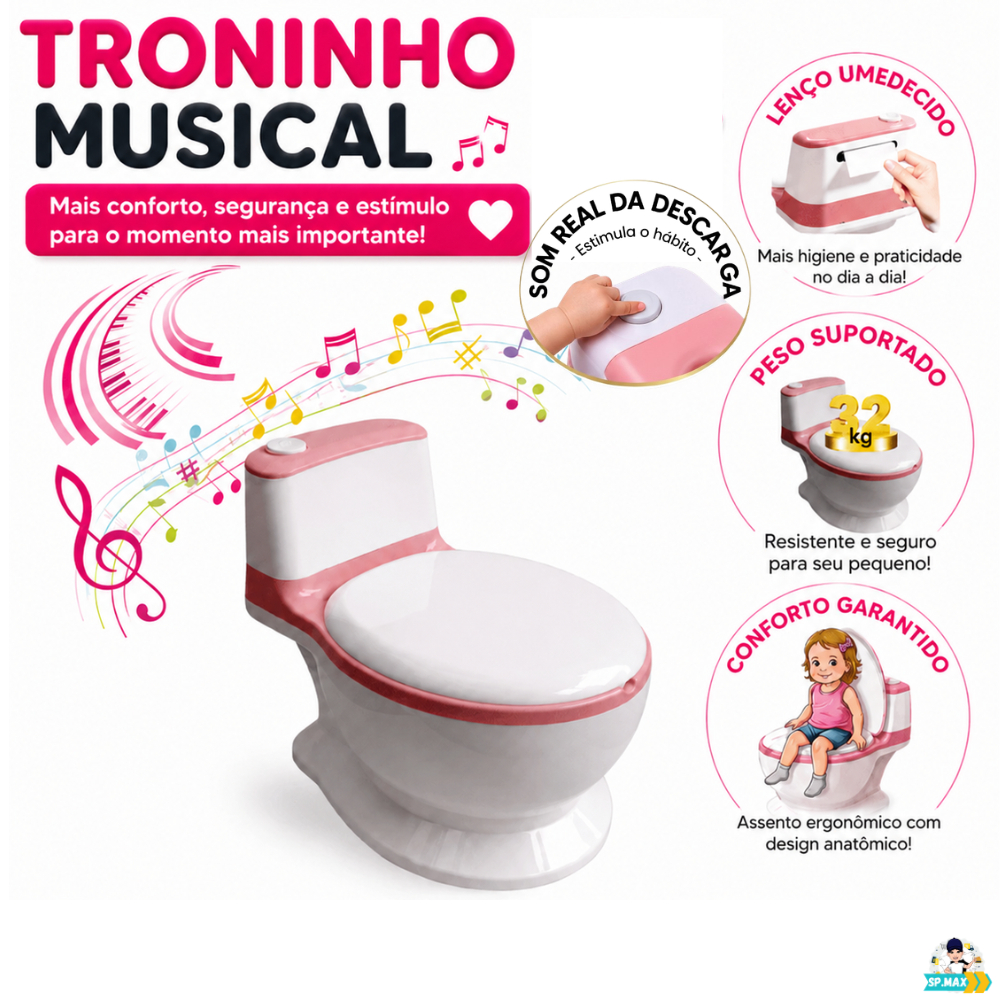 Privadinha Musical (Simula Som Real da Descarga) 32Kg Penico Infantil Bebe Troninho Desfralde Rosa