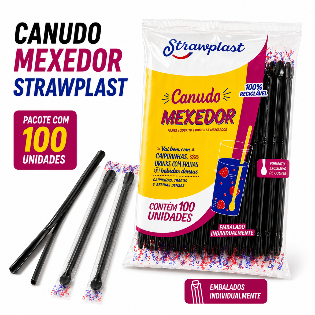 Canudo Mexedor P/ Drinks Preto Batidas e Coquetéis 18,5cm X 6mm Embalagem Individual - Não Entope