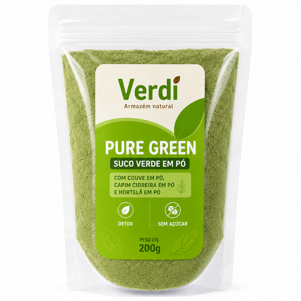 Suco verde funcional em pó com couve, capim cidreira e hortelã