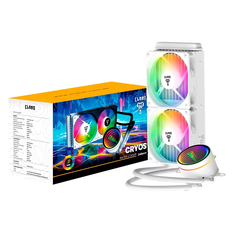 Cooler para Processador Water Cooler 240 mm Clanm Cryos Snow RGB Intel AMD AM4 AM5 LGA 1700 2 Ventoinhas 120 mm 12 V DC