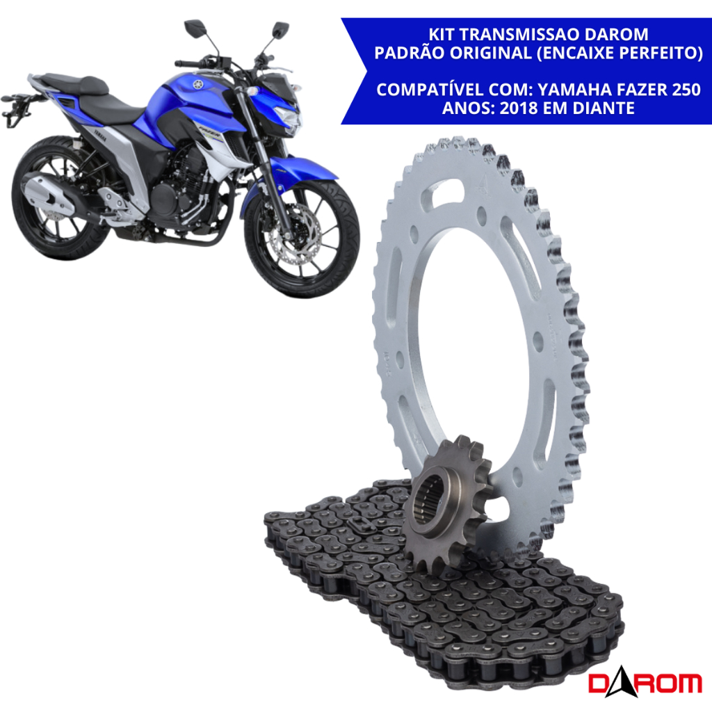Kit Relação Transmissão Darom Fazer 250 FZ25 2018 a 2025 Corrente 428HX 136 Elos Coroa 46 Dentes Pinhão 15 Dentes