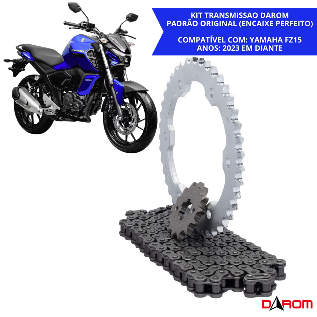 Kit Relação Transmissão Yamaha FZ15 2023 2024 2025 Corrente 428HX 128 Elos Coroa 41 Dentes Pinhão 14 Dentes Darom