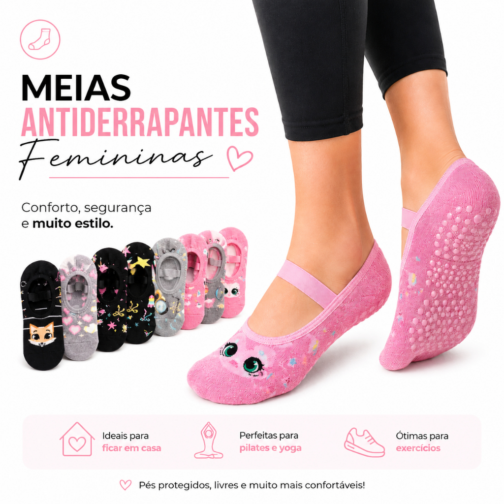 Imagem Kit Meias Sapatilha Antiderrapante Feminina Pilates Yoga Lisa Estampada com antiderrapante silicone