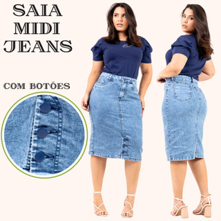 Saia Jeans Midi Evangélica Classica -HJ Moda Evangélica No Lavado Sky Fuan Do 38 Ao 46