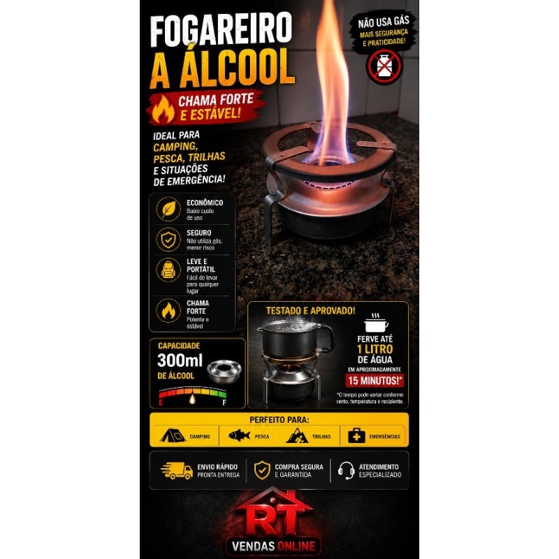 Fogareiro A Álcool Portátil 300ml Camping Pesca Trilha Emergência Chama Forte Metal Resistente