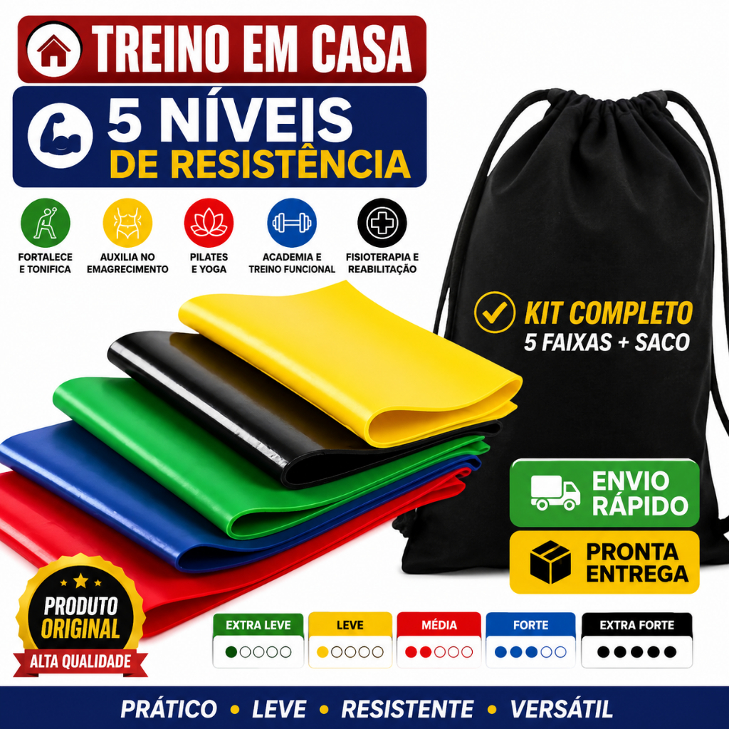 Kit 5 Faixas Elásticas de Resistência Original Treino em Casa Tonificação, Emagrecimento,Pilates,Academia e Fisioterapia