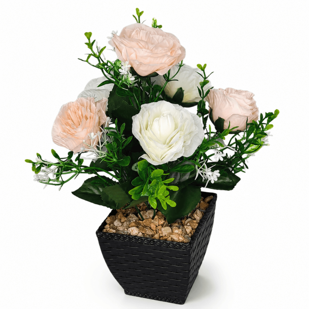 Arranjo Rosas Artificiais Bege E Branco 30cm Vaso Preto Decorativo Para Sala Quarto Mesa E Casa Lar