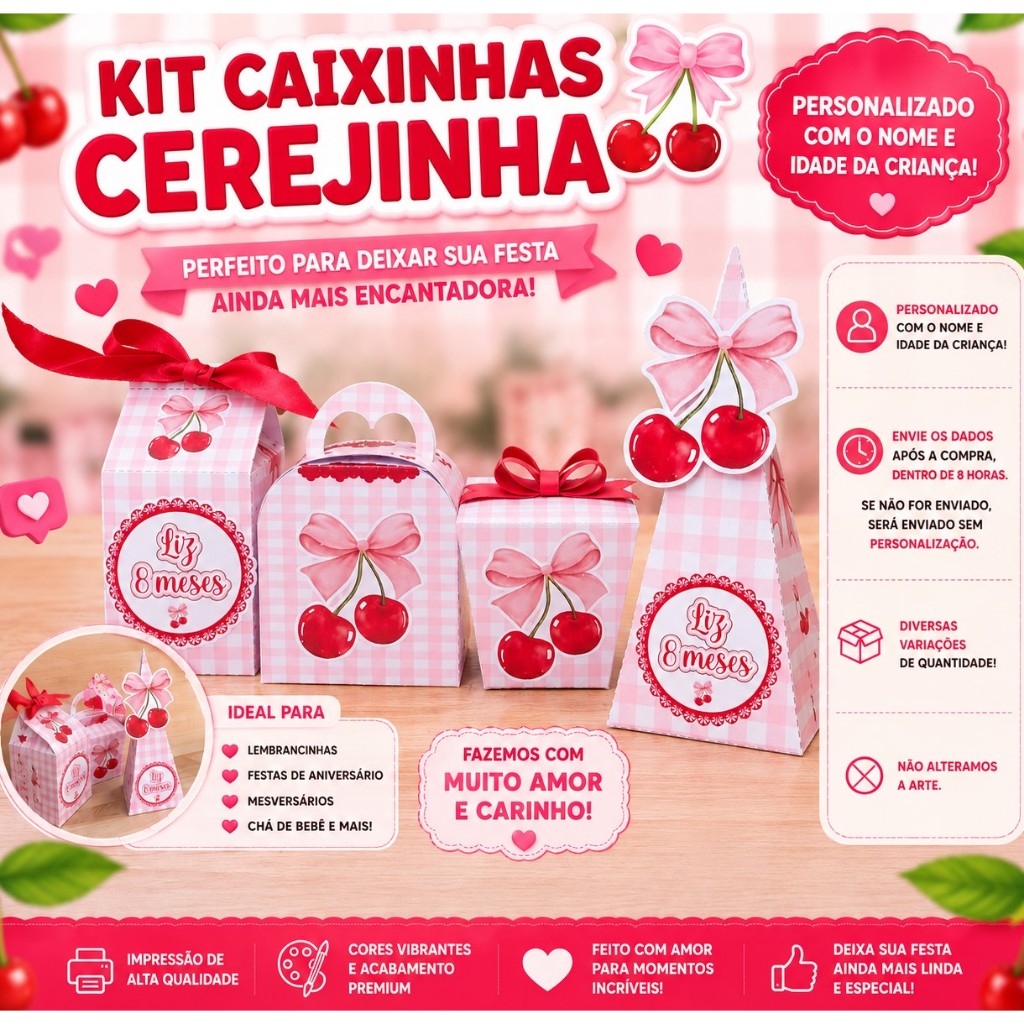 PEGUE E MONTE - KIT CEREJINHA ROSA MENINA - ANIVERSÁRIO - MESVERSÁRIO - LEMBRANCINHA - FESTA