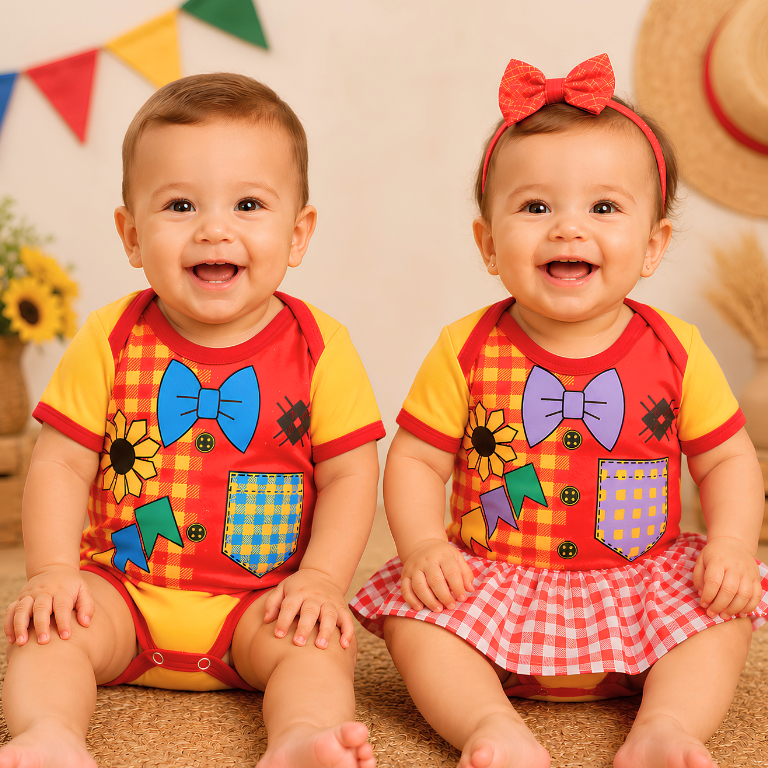 Body Bebê Temático Mesversário Festa Junina Menino e Menina Roupa Infantil Caipira Arraiá São João