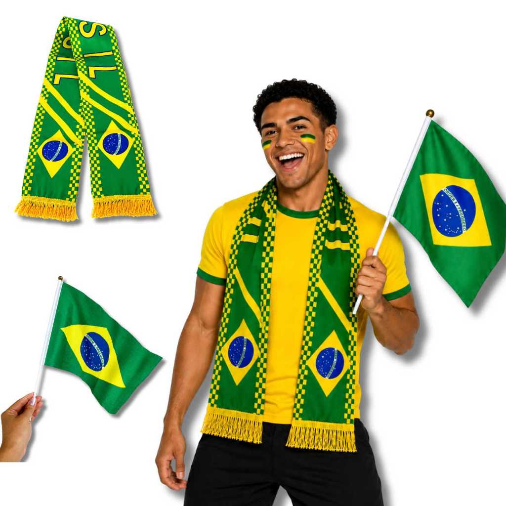 KIT Torcedor Cachecol do Brasil + Bandeirinha com haste Plástica