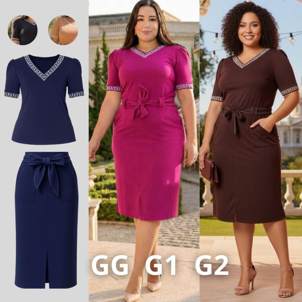 Conjunto Feminino Plus Size Blusa Decote V e Saia Midi com Bolsos Moletinho  Premiun - Moda Elegante