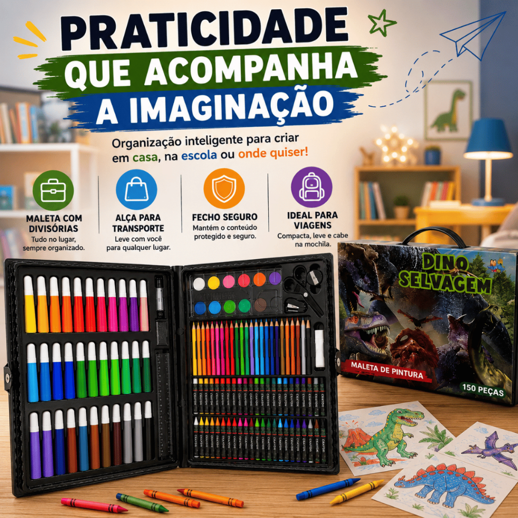 Maleta De Pintura Infantil 150 Peças Dinossauro Com Canetinhas Lápis Giz De Cera Tinta Guache Régua Cola Tesoura — imagem 2 de 2
