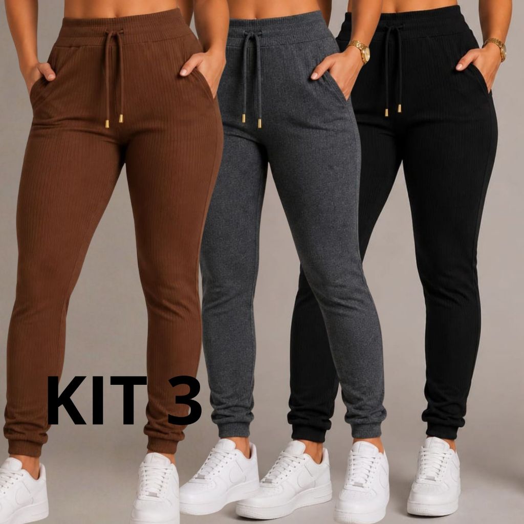 Kit 3 Calça Feminina Plus Size Joguer }Pantalona Extra Grande Roupas Gordinhas Montaria Fler Skinny Leg Jeans Cós Alto