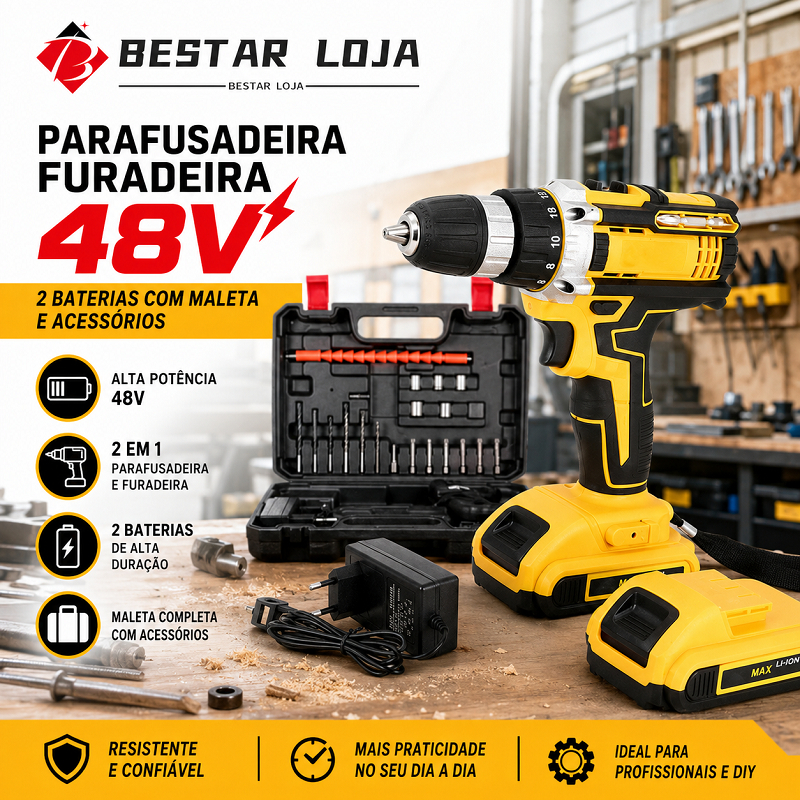 Parafusadeira Furadeira 48V 2 Baterias Com Maleta e Acessórios