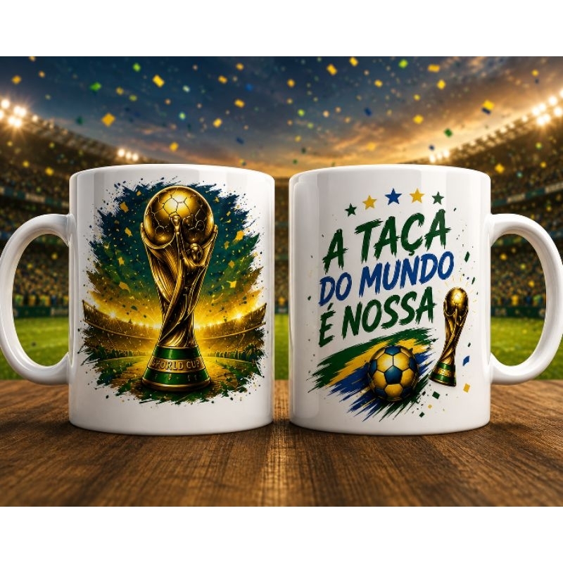 🔥 Caneca Brasil Copa do Mundo – Estampa Taça Mundial | Presente para Torcedor