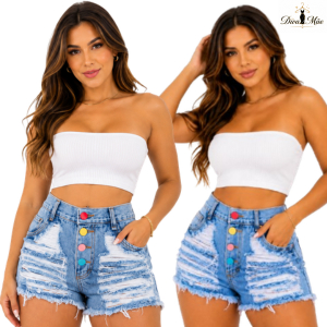 Short Jeans Feminino Destroyed Cintura Alta Color Buttons Empina Bumbum