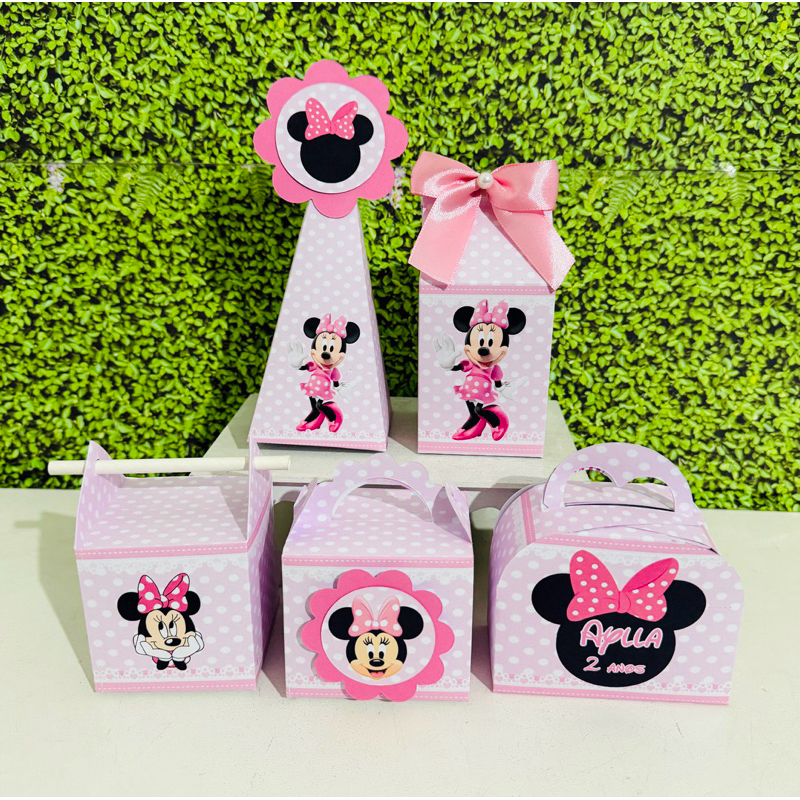 KIT CAIXAS PERSONALIZADO MINNIE ROSA LEMBRANCINHA DE FESTA INFANTIL / ANIVERSÁRIO / Desmontadas