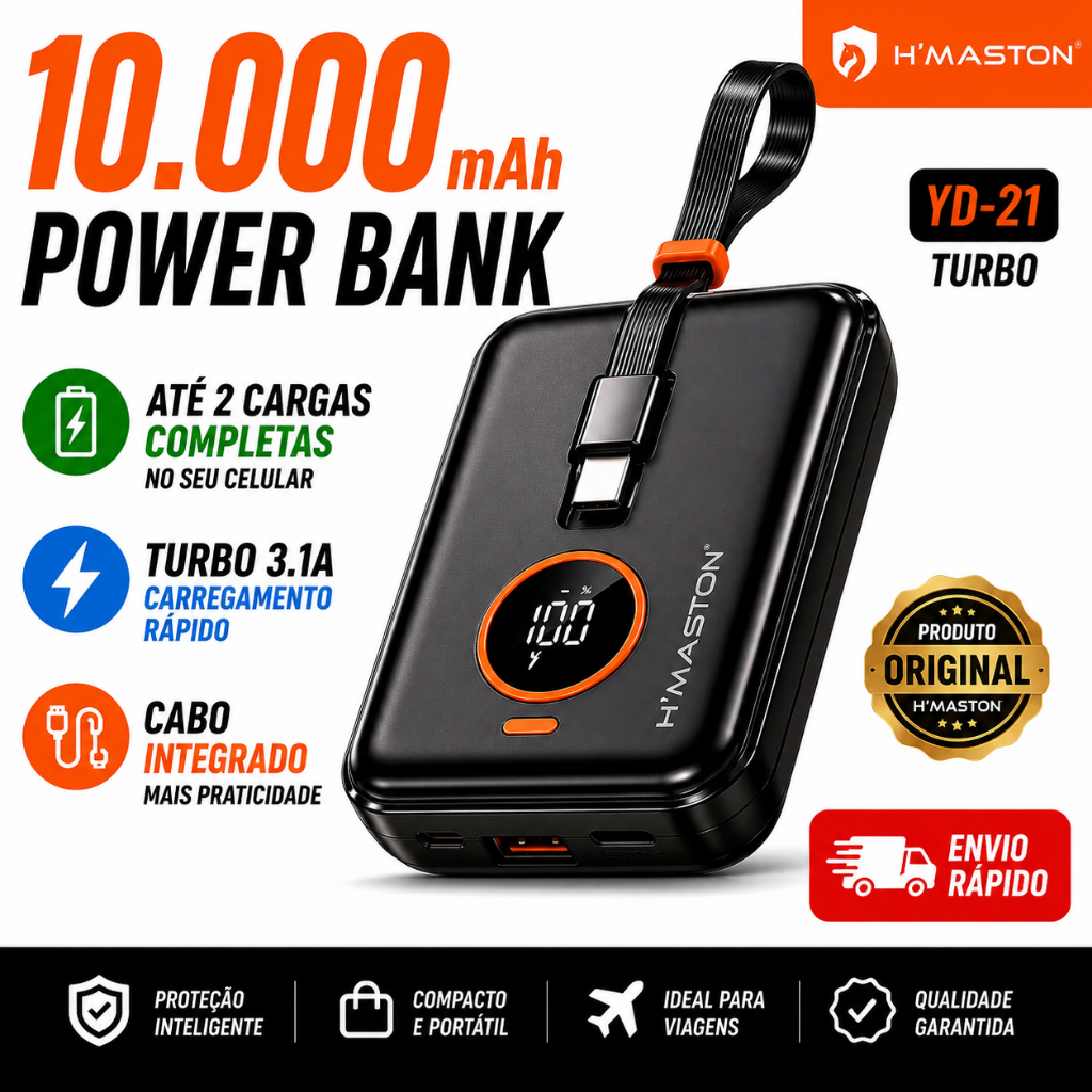 Power Bank 10000mAh H'Maston Turbo 3.1A Com Cabo Integrado Carregador Portátil Original YD-21
