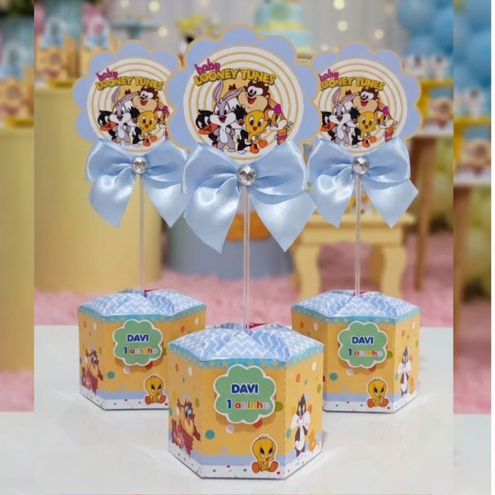 KIT CENTRO DE MESA PERSONALIZADO BABY LUNES FESTA INFANTIL DECORAÇÃO ANIVERSARIO  LEMBRANÇINHA CAIXAS SEXTAVADA LAÇO