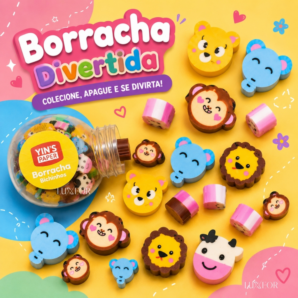 Mini Borracha Pote 36 Unidades Bichinhos Criança Escolar Infantil Lembrancinha Criativa Papelaria