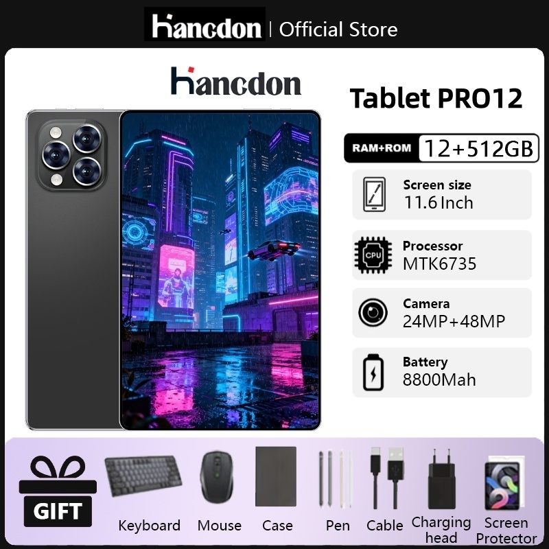 【Teclado + mouse grátis】Tablet PC 5G Hancdon Tab Pro12 MAX - 11.6" HD 12GB RAM + 512GB ROM  Android 14  Bateria 8800mAh