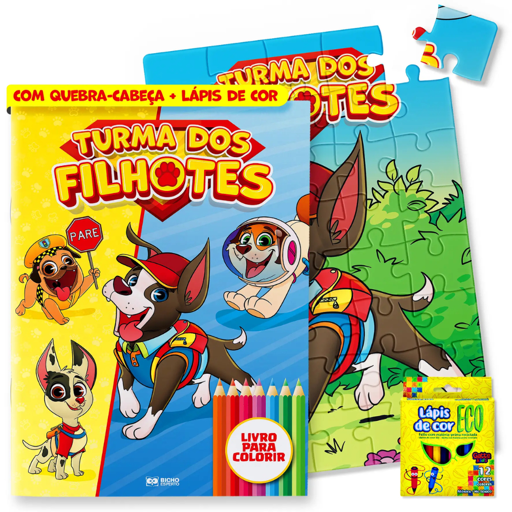Kit Livro de Colorir Diversão Turma Dos Filhotes + Quebra-Cabeça e Lápis de Cor
