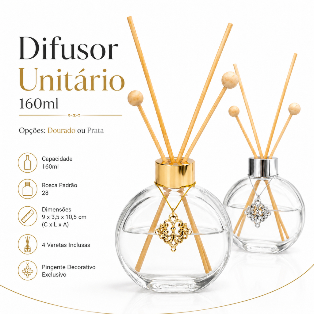 Difusor de Ambiente Vidro 160ml Rosca 28 Tampa Prata ou Dourada – Frasco Aromatizador Decorativo