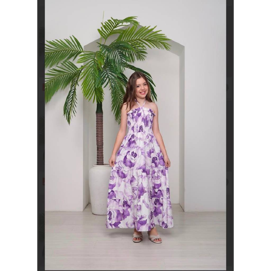 Vestido Longo infantil juvenil longo estampado Crepinho Rodado Frente única do 10,12,14 e 16 anos