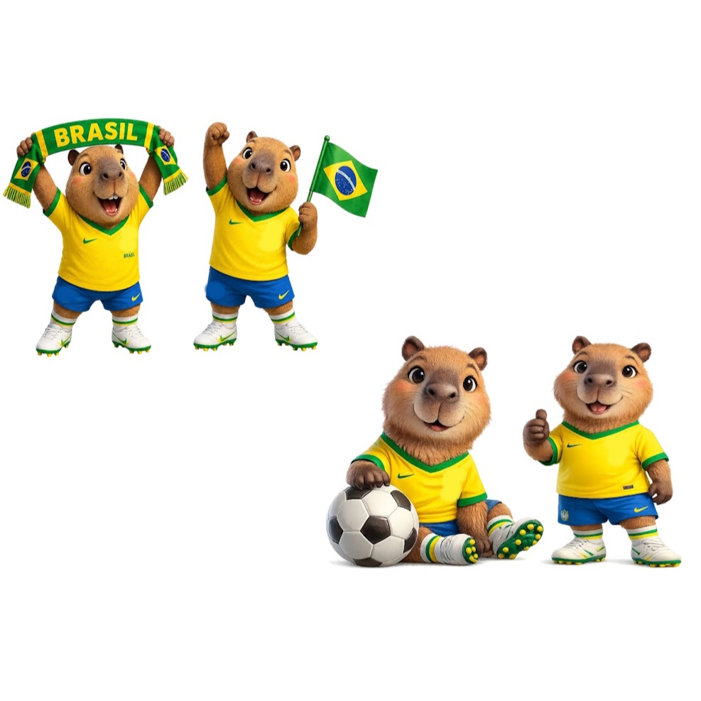 CAPIVARA DO BRASIL EM BUSCA DO HEXA KIT 4 DISPLAY DE MESA DE 20 CM EM MDF DE 3 MM DECORAÇÃO DE FESTA