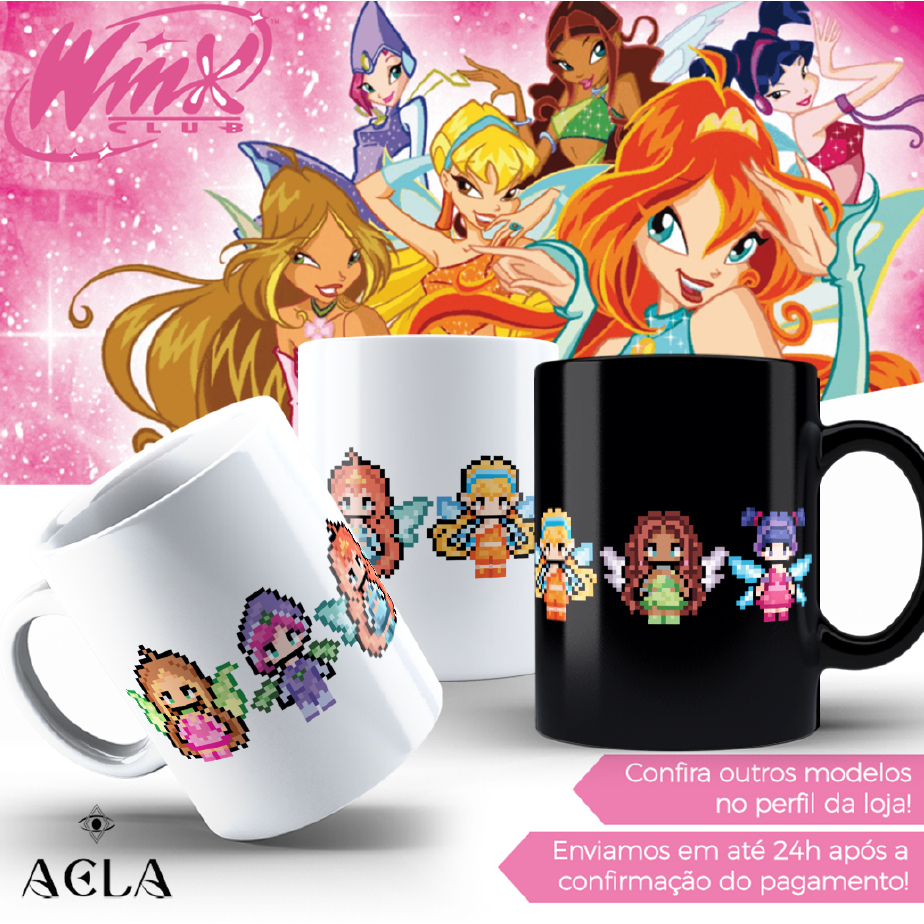 Caneca Winx 325ml | Clube das Winx | Fadas | Pixel Art | Bloom, Stella, Flora, Musa, Tecna e Layla