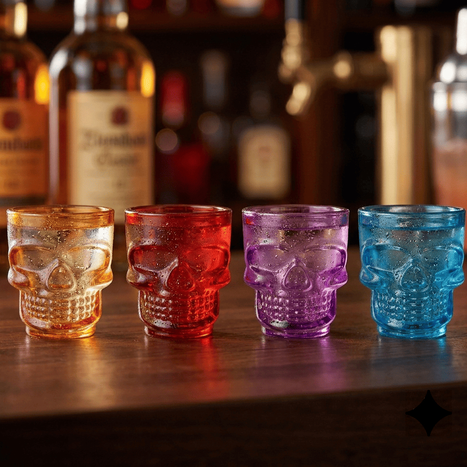 Imagem Kit 4 Copos De Vidro Caveira Para Dose Shot Tequila Colorido 50ml Hauskraft