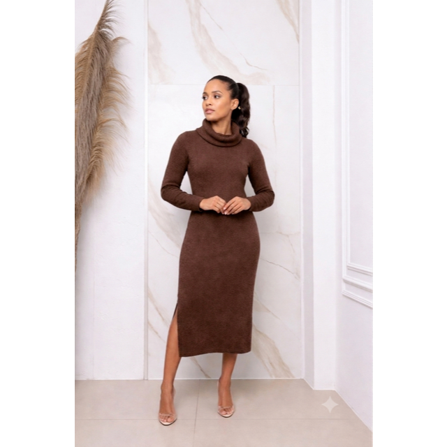 Vestido Feminino Midi em Lãzinha com Fenda Lateral e Gola Alta– Look Sofisticado e Confortável