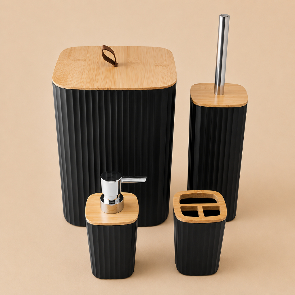 Kit de Banheiro Completo com 6 ou 4 peças - Lixeira com Tampa Basculante Bambu para Lavabo