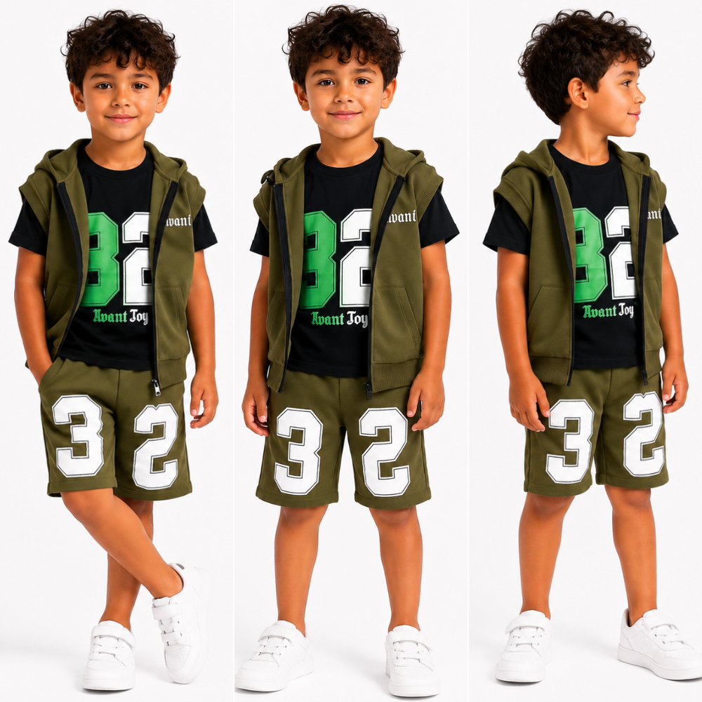 Conjunto Infantil Menino Kit 3 Peças – Blusa Algodão + Colete Moletom + Short Leve Confortável Capuz