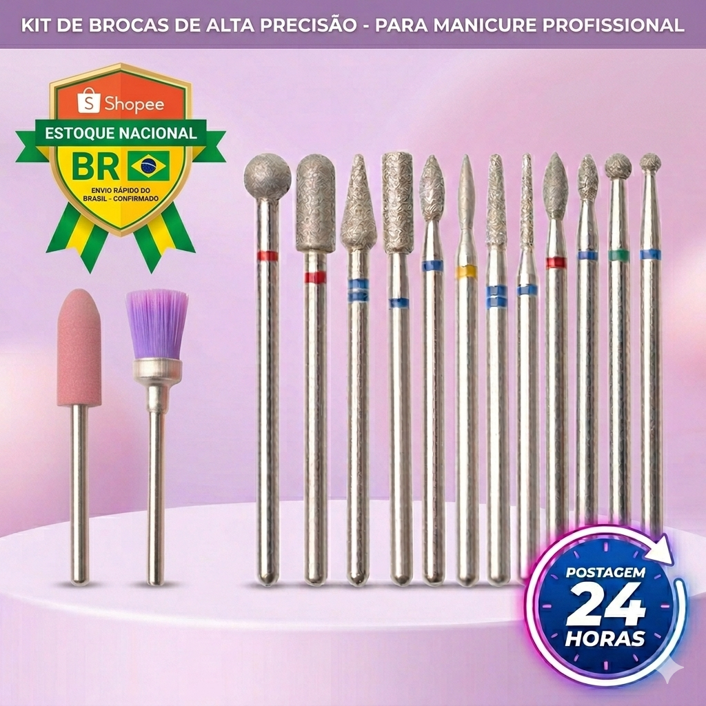 Kit 14 Brocas Para Unhas Em Gel E Fibra De Vidro Manicure Profissional Completo Broca Diamantada