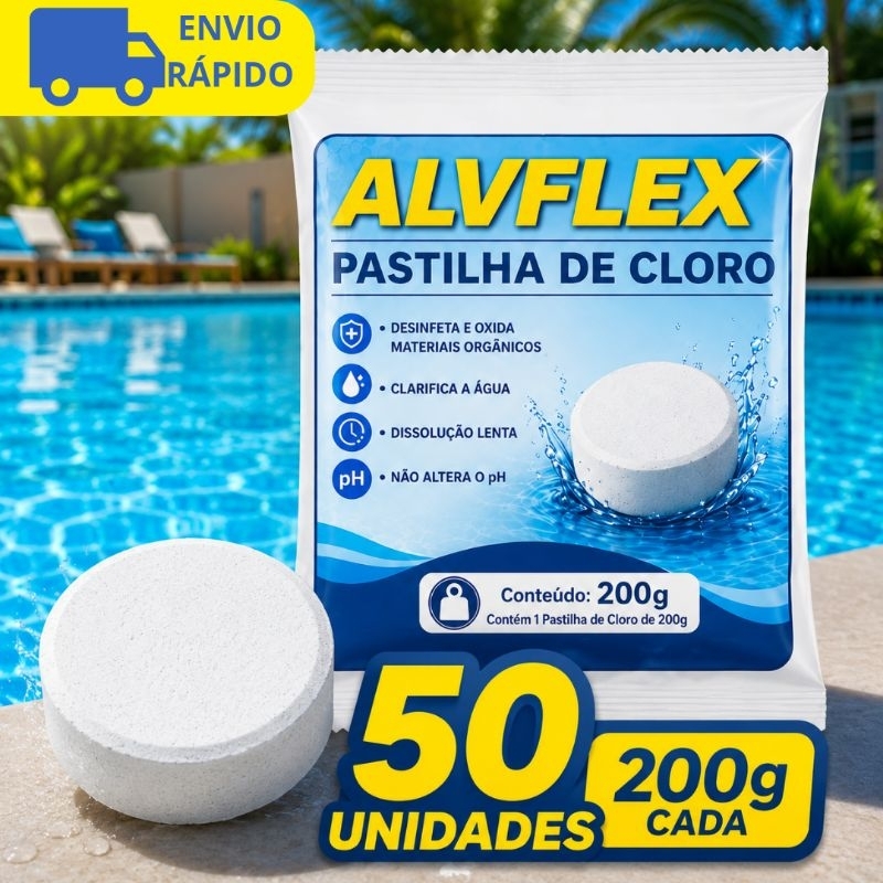 Kit 50 Pastilhas De Cloro Tablete 200g Para Piscinas Alvflex