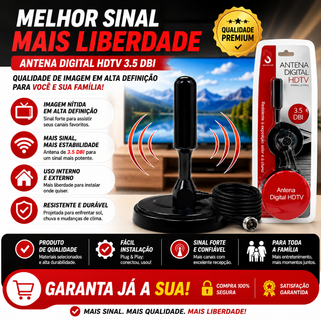 Antena Digital HDTV Interna e Externa 3.5DBI Cabo 5 Metros Sinal HD UHF VHF
