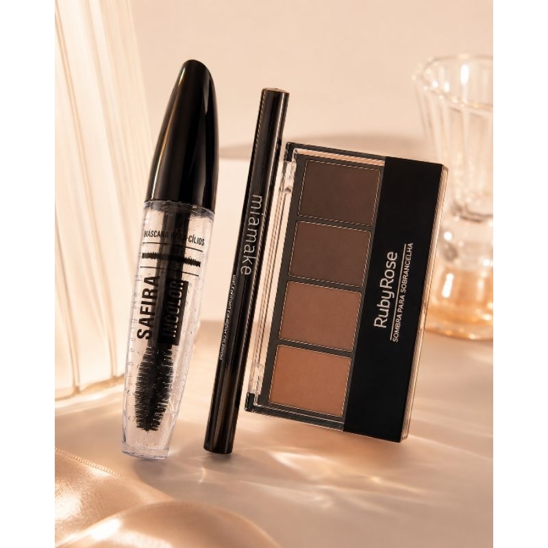 Kit Olhar Marcante – Delineador Mia Make + Máscara Incolor Safira + Paleta para Sobrancelhas Ruby Rose