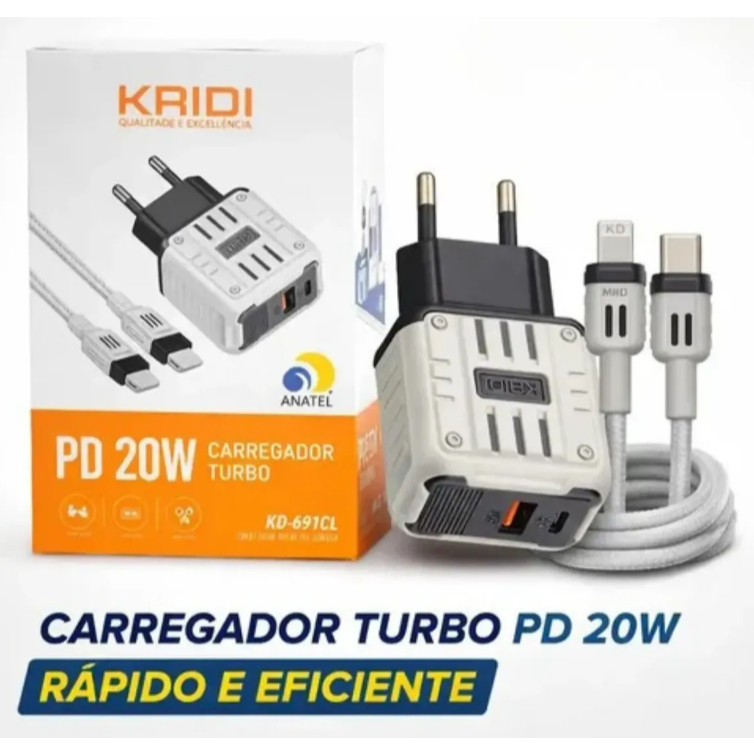 Carregador turbo Kaidi KD-691CC de 20W com cabo Tipo-C Power Delivery