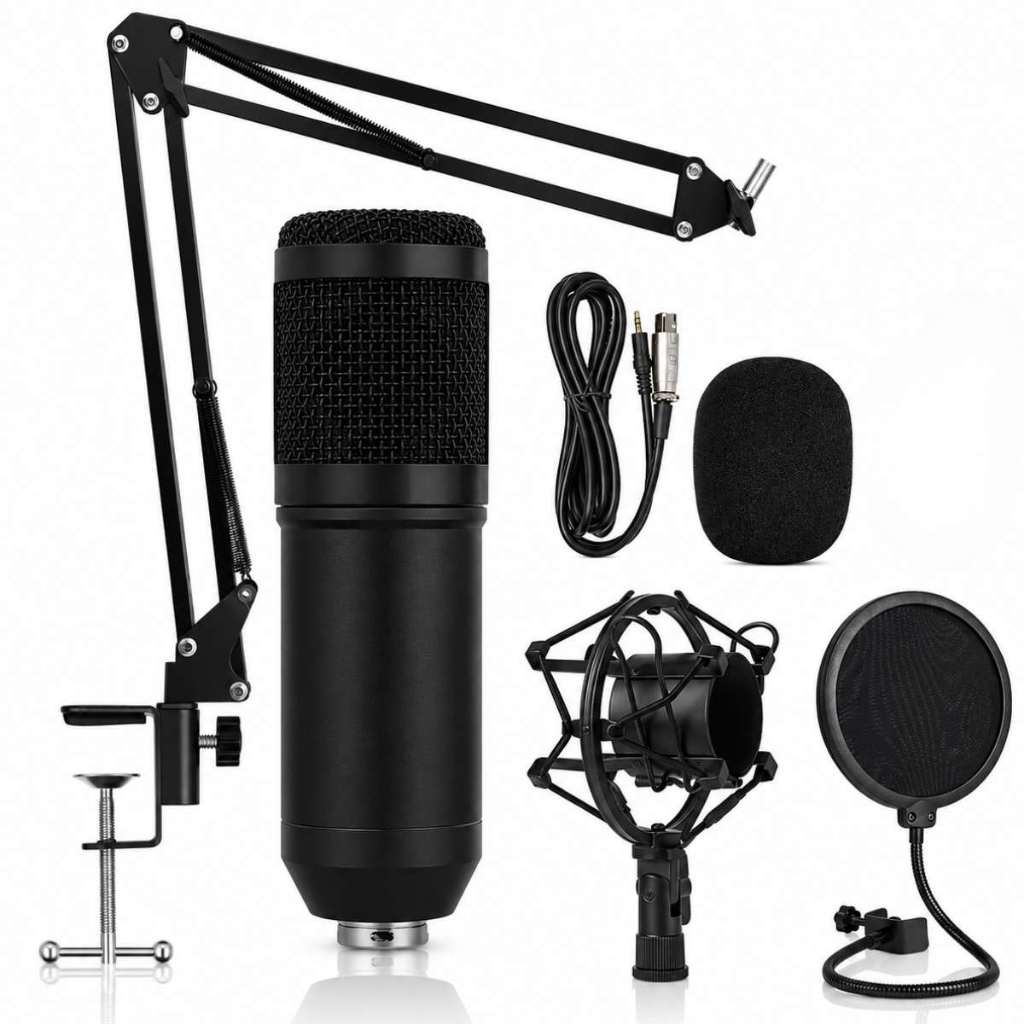 Kit Microfone Profissional Condensador com Braço de 80cm Espuma Abafador