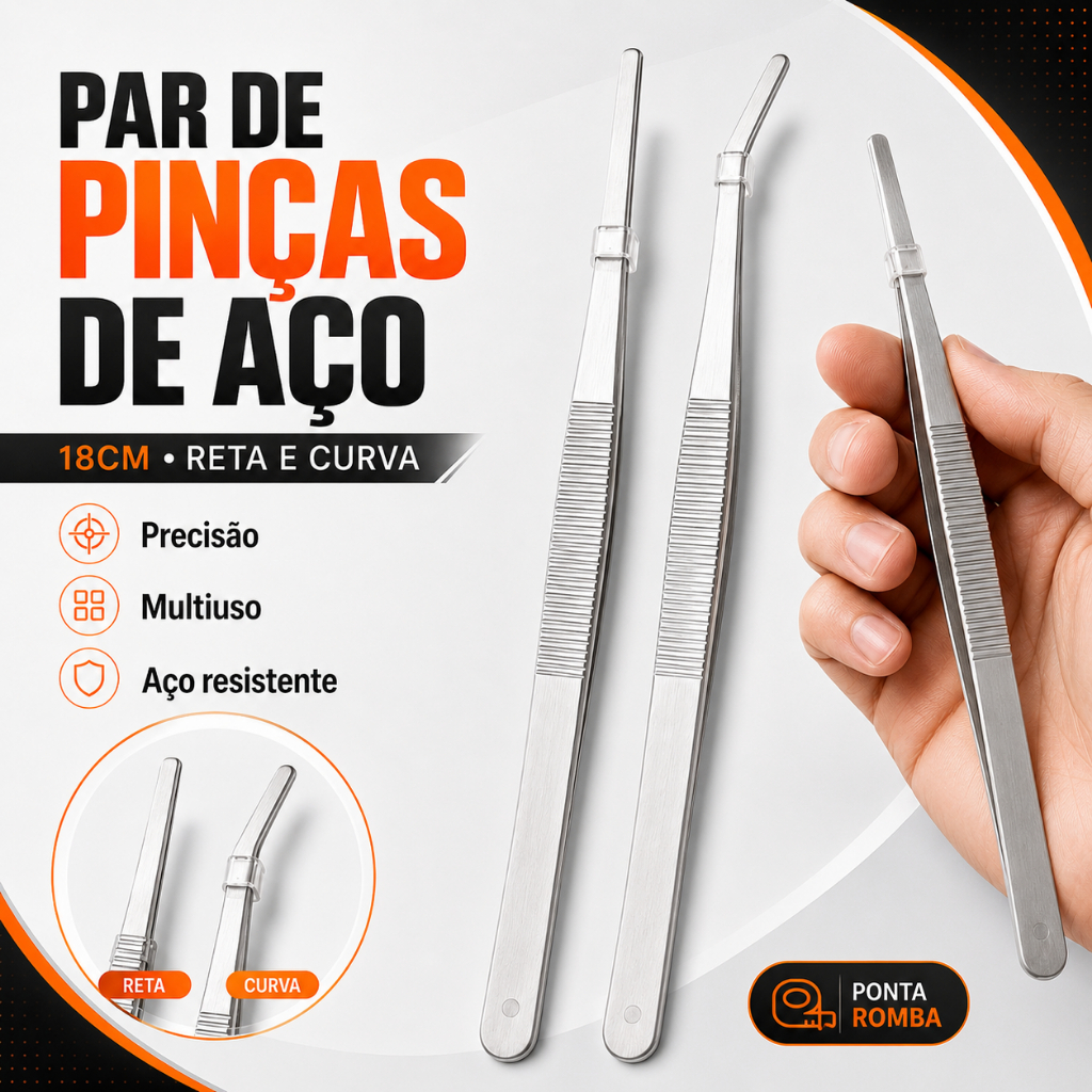Kit 2 Pinça Aço Inox Grande 18cm Reta E Curva Ponta Romba Profissional Forte Multiuso