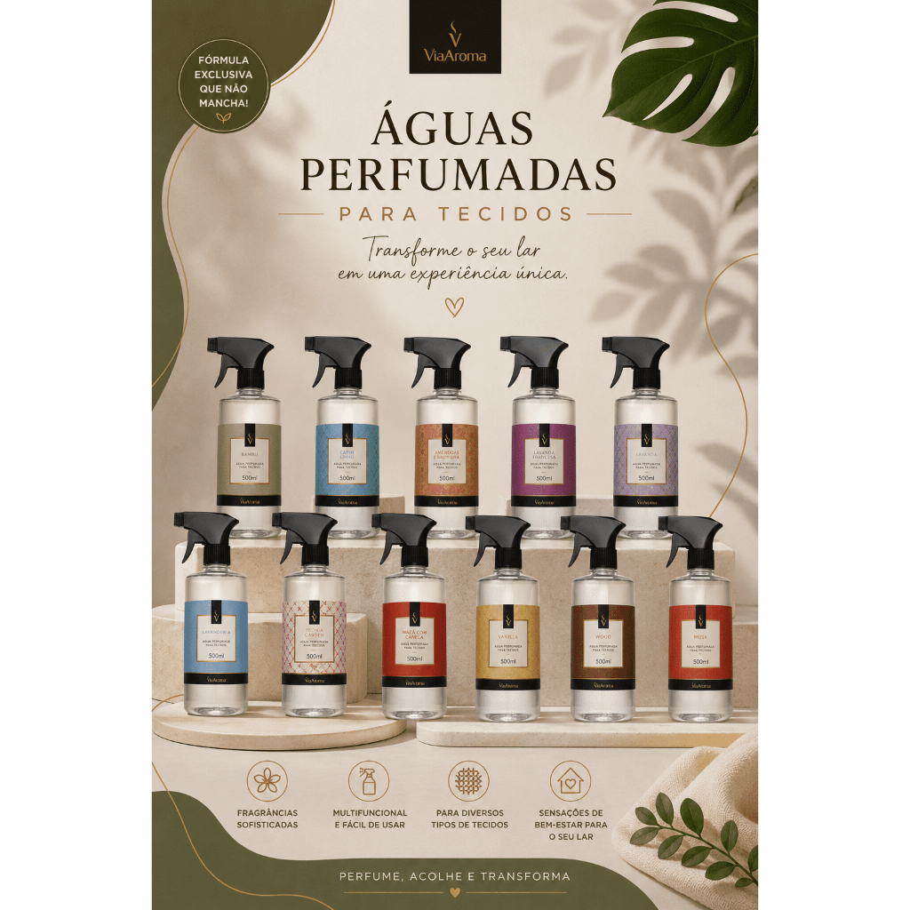 ÁGUA PERFUMADA PARA TECIDOS  - CHEIRINHO PARA LENÇÓIS - Via Aroma   Linha Clássica 500 ml e Linha Mundo - 365 ml