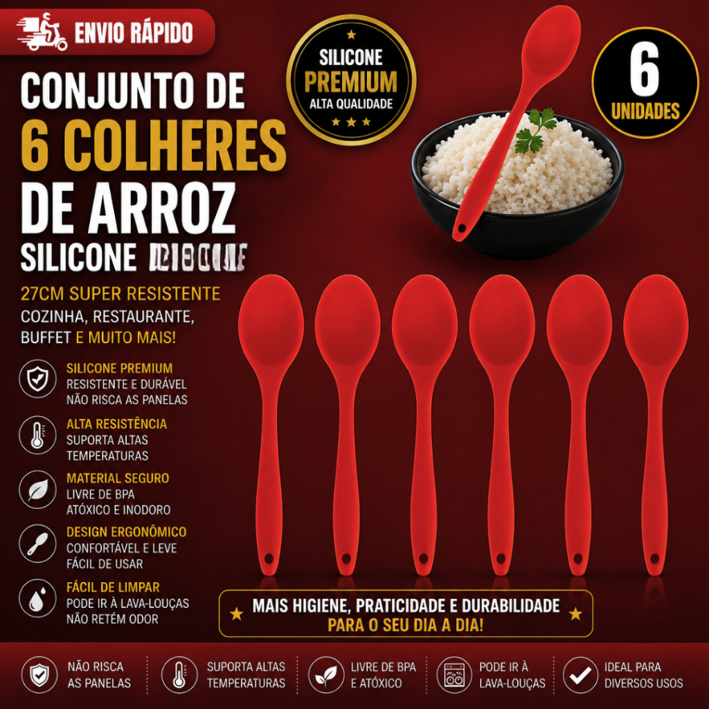 Conj 6 e 3Colher de Arroz Silicone Grande 27cm Super Resistente Cozinha Restaurante Buffet Dura