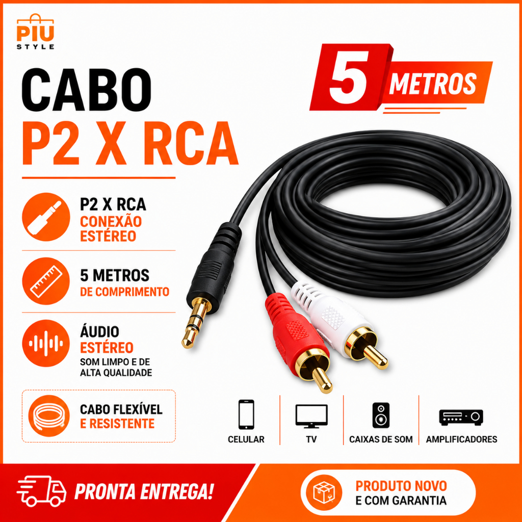 Cabo P2 x RCA 5 Metros Áudio Estéreo Auxiliar TV Som Caixa Amplificador