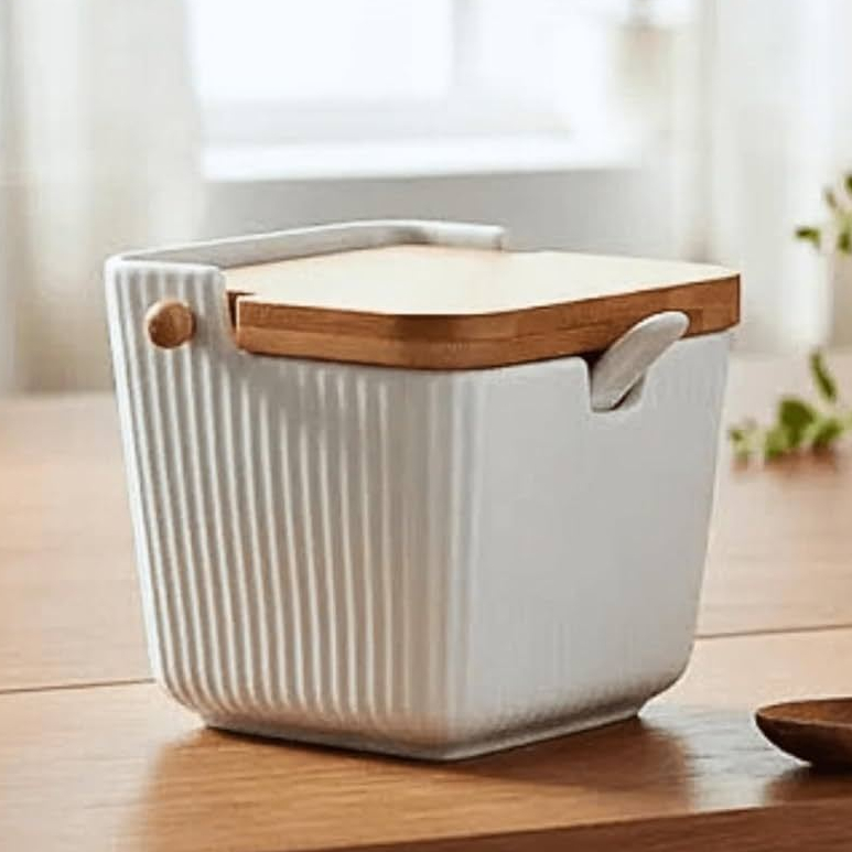 Saleiro Oásis Cerâmica Com Colher E Tampa De Bambu 300ml Hauskraft