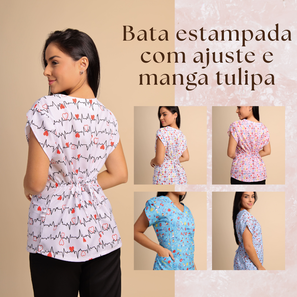 Bata Blusa Scrub Estampada feminina manguinha sobreposta e ajuste atras