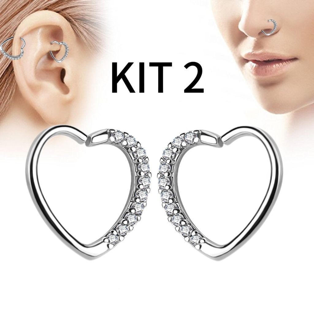 OI HELLO LOJA - kit 2 Piercing argolinha de Coraçao prata 925/ helix strass inferior
