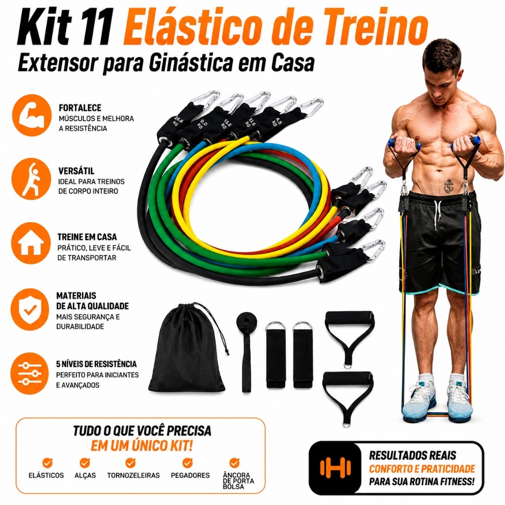 Kit 11 Elásticos Extensores de Resistência para Musculação, Pilates, Yoga e Treino Funcional em Casa